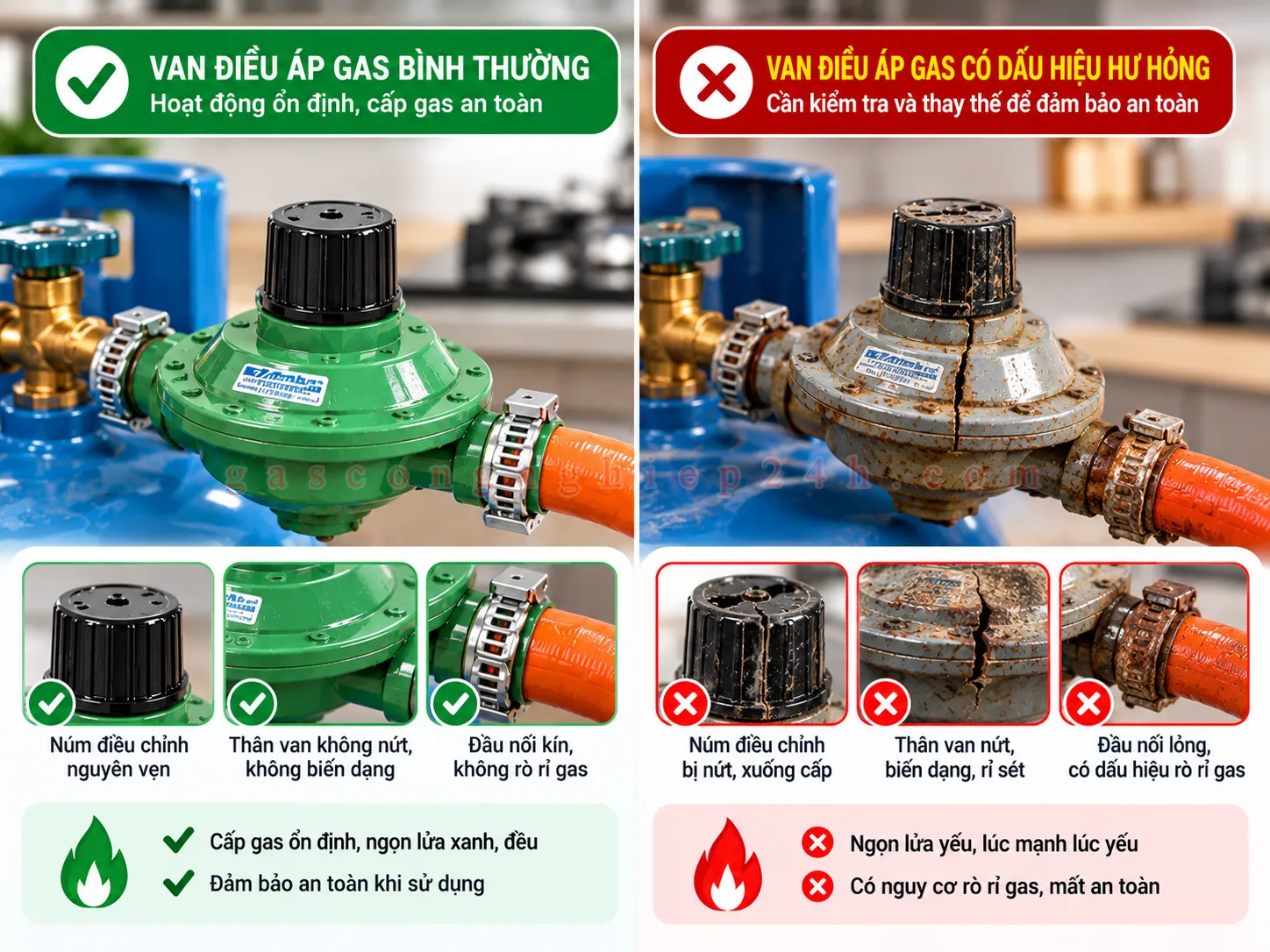 so sánh van điều áp bình thường với van có dấu hiệu xuống cấp